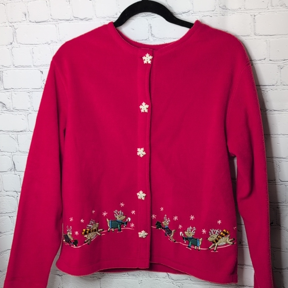 Vintage Croft And Barrow Reindeer Holiday Sweater With Snowflake Buttons